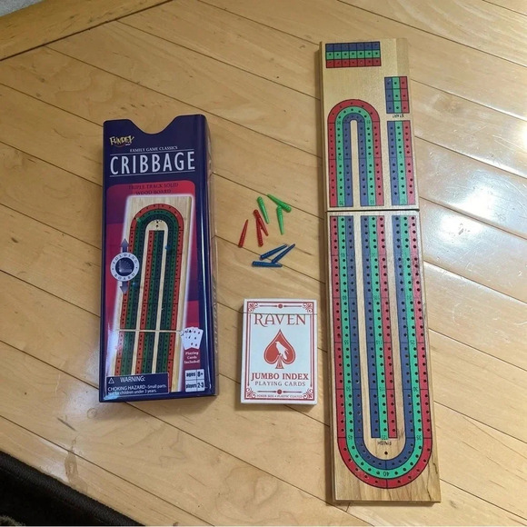 FUNDEX Foldable Cribbage Triple Track Game Solid Wood w/Playing Cards in Tin NEW - Picture 1 of 6